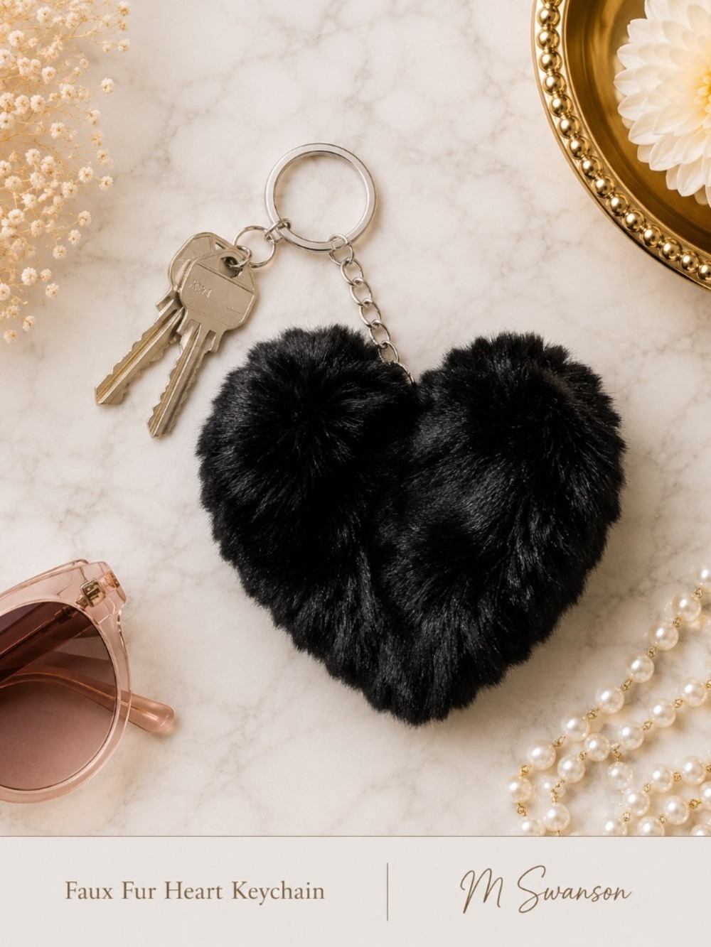 NEW Faux Fur Heart Keychain – Black | Soft Plush Bag Charm & Key Ring NWT